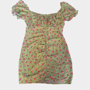 City Studio‎ green floral puff sleeve ruched mini dress size 9 juniors, lined